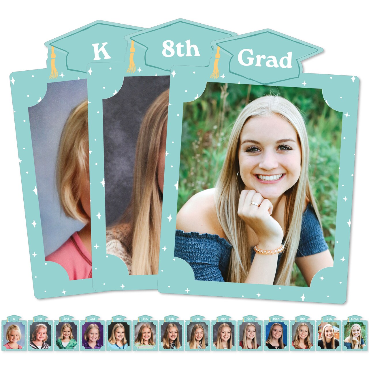 Big Dot of Happiness Mint Green Grad K-12 School Photo Display Frame, 8x10-inch Graduation Memory Wall, Professional Photo Holder Set, DIY Decor